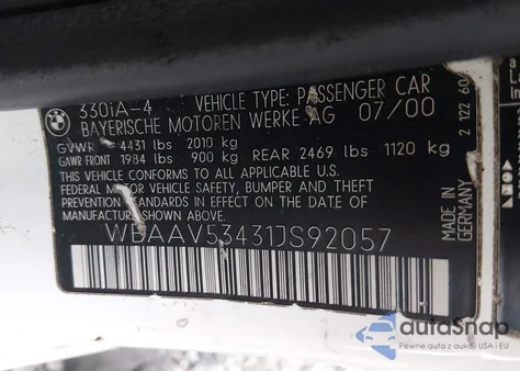 2001 BMW 330I z USA, uszkodzony, nr VIN WBAAV53431JS92057